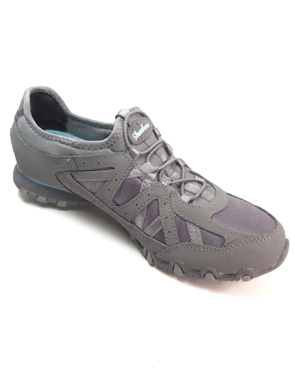 Skechers Bikers Gray & Teal Slip‑On Bungee‑Lace Walking Sneakers Sz 8